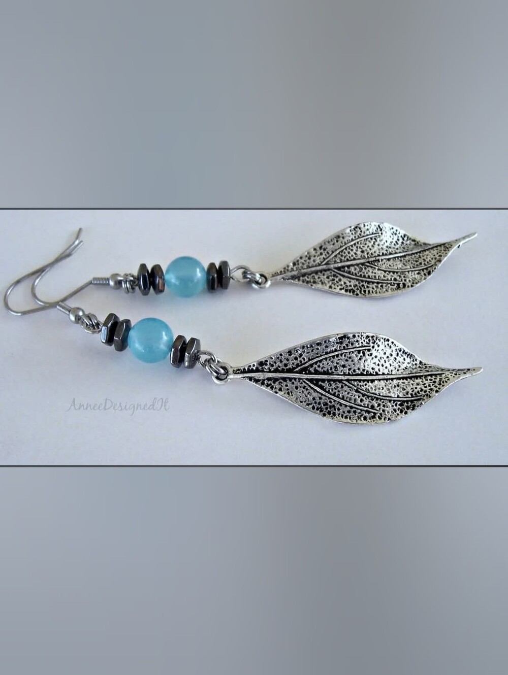 Handmade Silver Leaf Drop Earrings with Aqua Beads